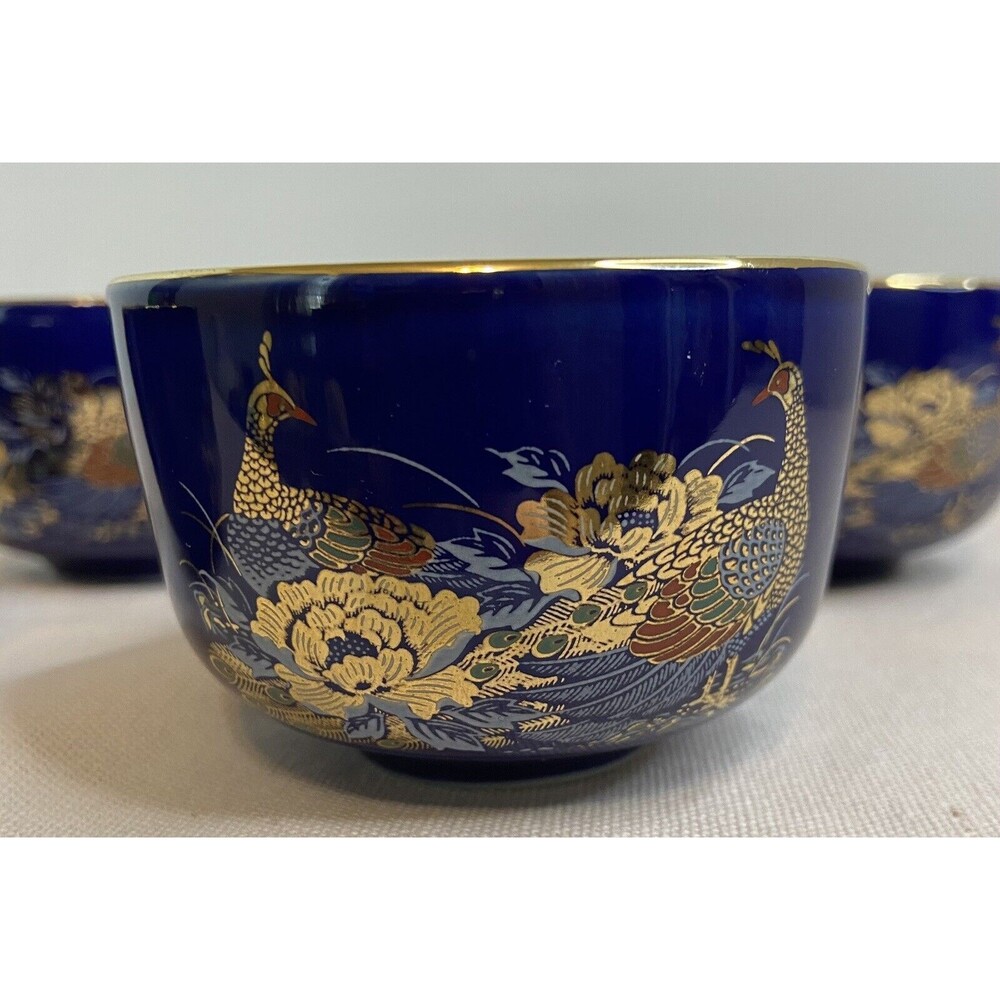 4 Vintage Ceramic Japanese  Teacups with Gold Trim and Peasants blue Teacups